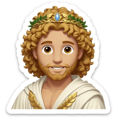 Cinematic Realistic Hercules Portrait, head tilted playfully and inquisitively, showcasing a blend of legendary power and youthful charm with the refined features of Michelangelo's David. His light tan, sculpted skin and thick, curly, golden brown hair—styled with wild majesty—evoke the spirit of the lion-wrestling Hercules. Clad in a softly draped white robe with subtle golden details and adorned with a Greek laurel wreath, his expressive eyes and warm smile capture an approachable yet formidable hero, bathed in gentle natural lighting. sticker
