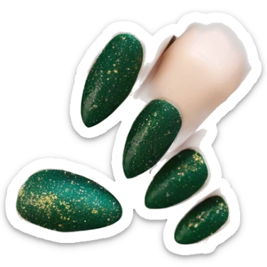 Dark green almond shaped finger nails with gold glitter sticker