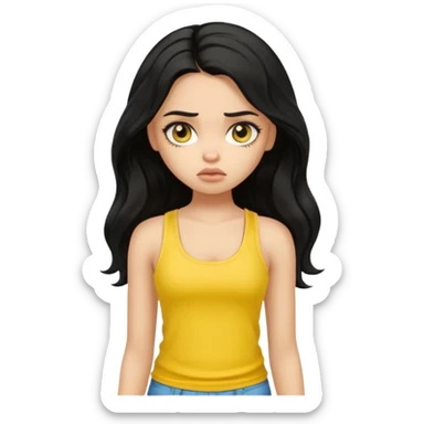 a pretty bratz girl with long wavy black hair, wearing a yellow tank top. looking sad sticker