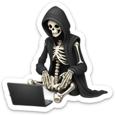 Tired Skeleton with laptop in black hoodie sticker