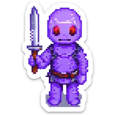 Purple Guy from FNAF, pixel art, holding a knife sticker