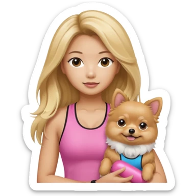 An Asian lady with long, blonde balayage hair, blonde highlights, wearing a pink gym outfit, holding a Pomeranian sticker