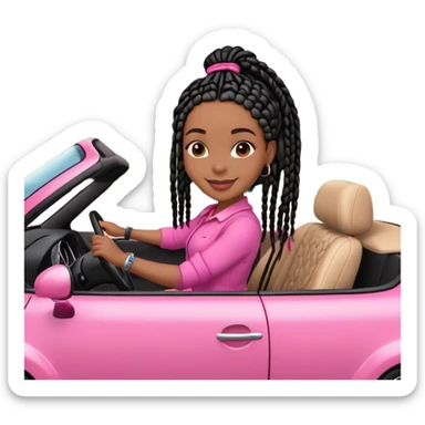 A dark-skinned Black woman with black box braids, driving a pink car sticker