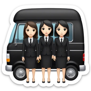 2 woman in a suit. One is brunett and one has black hair standing in front of a black funeral van with a stretcher with a body bag on it  sticker