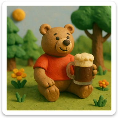 cartoon bear in a red t-shirt sitting on grass in a sunny forest clearing on a clear summer day, holding a glass mug of kvass with foam sticker