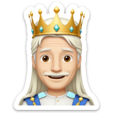 a smiling man with long white hair and has no beard wearing a white smart shirt and a crown sticker