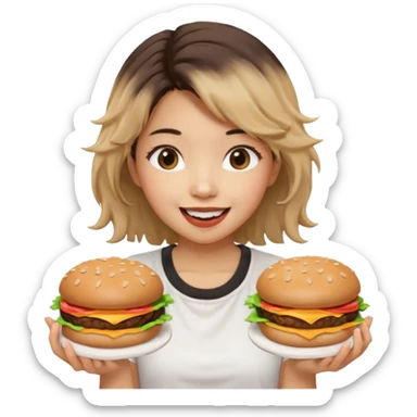 create a humongous asian girl with 2 burgers and a cookie in her mouth sticker