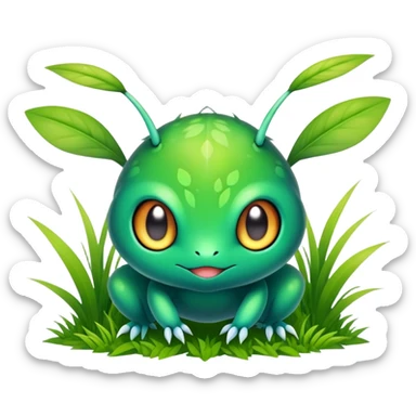 Elemental animesque cute chibi bug-grass-type magical colorful exotic animesque Pokémon-Fakémon-animal-creature with big adorable anime eyes sticker