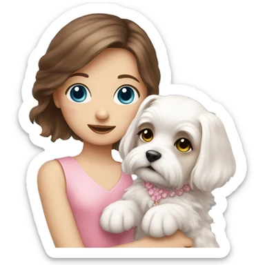 Brown hair blue eyes girl with maltese puppy with pink dress sticker