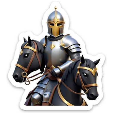 clash-of-clans-aesthetic_-cinematic-fearsome-and-majestic-knight-bust-portrait-emoji, rendered in a flat, vector-style with minimal shading and bold, simplified shapes, depicting a battle-ready medieval knight with steely eyes and intricate armor, mounted riding on a black warhorse reflecting sunlight over a misty battlefield. sticker