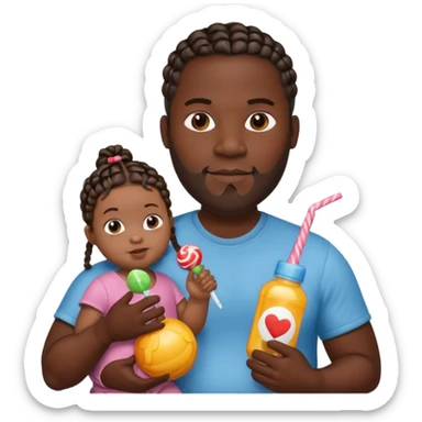 Big black man with braids hold a  baby bottle and a lollipop sticker