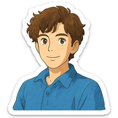 ghibli style good looking young adult boy with brown curly hair and brown eyes sticker