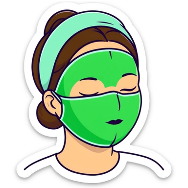 Girl with closed eyes sleeping with green beauty face mask on, relaxing self care moment sticker