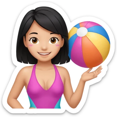 Hawaiian girl with black hair with pink highlights and a swimsuit, with beach ball sticker
