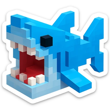 voxel style shark, open mouth, blocky, blue and silver, no background sticker