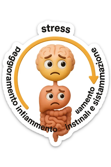 EMOJI STILE IPHONE 3D DI un cerchio con queste scritte che girano intorno "stress → peggioramento intestinale → aumento infiammazione → peggioramento sintomi intestinali e sistemici." al centro del cerchio metti un cervello e intestino umani collegati verticalmente con espressione dubbiosa in volto, FALLO MOLTO REALISTICO IN 3D sticker