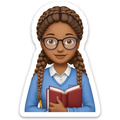 A student, girl, brown skin, braid hair, wearing glasses, hold book in front of their chest sticker