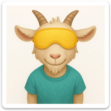 a goat with yellow sleep mask and wearing shirt, front view,  Frontal Top-Down Soft Light, white background, portrait, casual cartoon stylized sticker