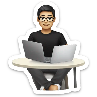 a asian human, wear glasses, black t shirt, is working on a laptop with a cup of coffee sticker
