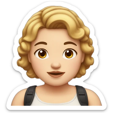 A chubby girl with the pink cheeks and brown eyes, short wavy hair and black sticker