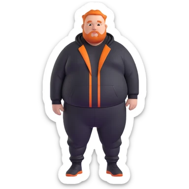 Extremely fat man with orange hair wearing black tracksuit with orange lines sticker