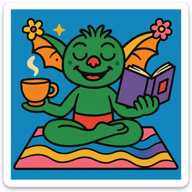 Add a playful yoga mat under the gremlin, maintaining the lighthearted and colorful style with fun and cheerful elements. sticker