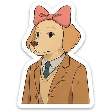 preppy dog with a pink head piece bow in ghibli style sticker