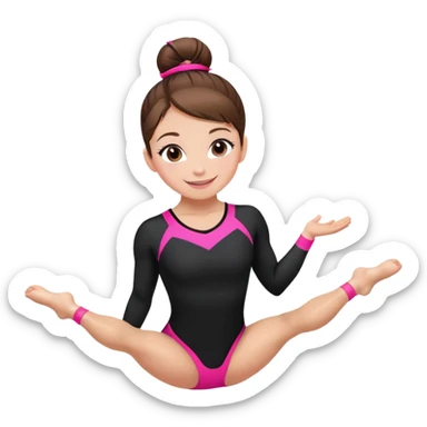 Happy female gymnast with brown hair in a neat bun, wearing a black uniform with neon pink elements. sticker