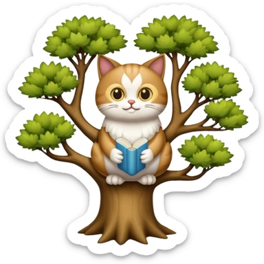 crea un gato con alas de búho con pelaje color cafe y blanco y que este en la rama de un árbol sticker