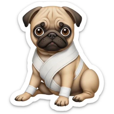 Dark face Pug with a broken left leg in bandage on its leg sticker