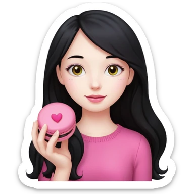pale girl with long black hair holding a pink macaron, emoji style sticker