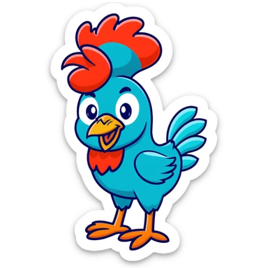 A goofy tropical rooster with teal blue feathers, big bulging eyes, tall red comb, skinny legs, comical expression sticker