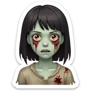 zombie girl dark hair long her shoulders bangs and ragged haircut gray eyes sticker