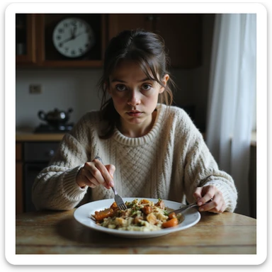 thin young woman pushing food around her plate with a fork, dark circles under her eyes, wearing an oversized sweater emphasizing frail frame, kitchen clock in background showing 3PM, cold uneaten dinner on table, natural light highlighting hollow cheeks, hyperrealistic 4K details sticker