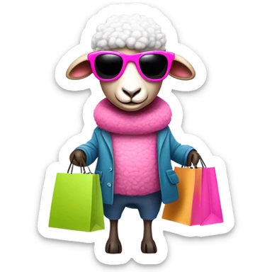 Diva pink sheep with sunglasses holding two shopping bags sticker