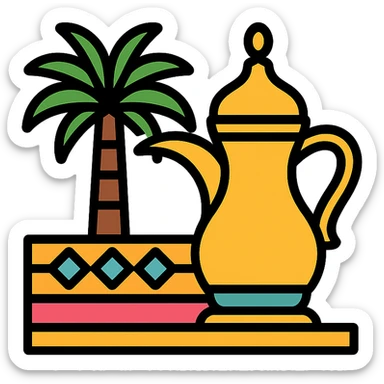 icon representing Saudi culture with traditional elements such as palm trees, coffee pot (dallah), and geometric patterns, modern clean style sticker