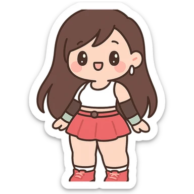 anime style Tifa Lockhart with thick thighs, standing pose, smiling, classic outfit sticker