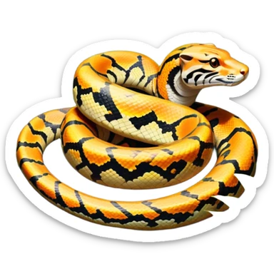 Tiger python coiled up on the ground, blending with the dense jungle foliage. Its distinct orange and black stripes stand out against the vibrant green of leaves and plants. Sunlight filters through the trees, highlighting the snake's patterned scales. Transparent background. sticker