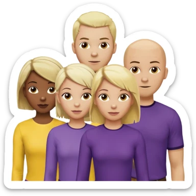 5 person team; 2 men and 3 women.  All dressed in yellow or purple.  1 caucasian woman with blonde mid length hair. 1 caucasian woman with blonde short length hair. 1 caucasian woman has ash blonde hair tied up. 1 man is African-american and bald, 1 man is caucasian and very little hair left.  
 sticker
