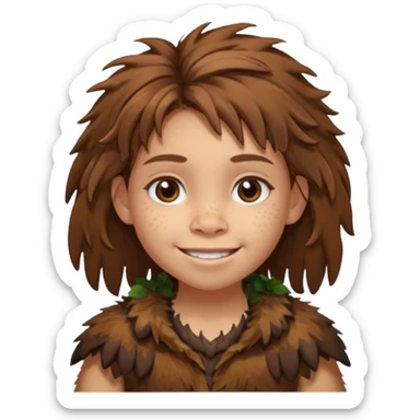 smiling Neanderthal girl kid with messy hair and animal skin clothing sticker