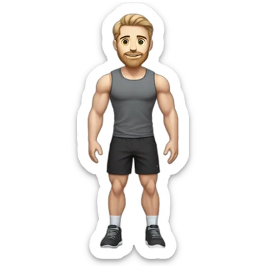 Full height Pale skinned muscular man With Realistic eyes and mouth, light brown hair and stubble In dark gray sleeveless mike, black oversize sports shorts, watch and white sneakers. sticker