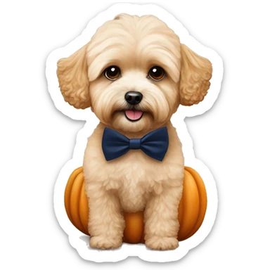 apricot maltipoo sitting on a large pumpkin wearing a navy blue bow tie sticker