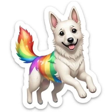 White belgian Shepard jumping over Rain puddles. There is a rainbow in the sky sticker