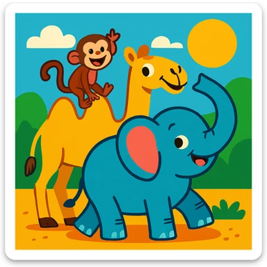 group of monkey, camel, and elephant together, cartoon style, vibrant colors, playful scene sticker