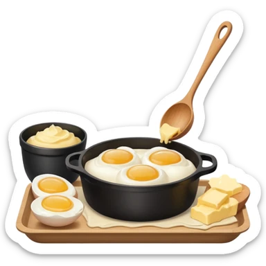 A carton of eggs, butter and a cream ceramic baking bowl with a wooden spoon in it sticker