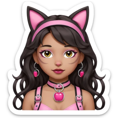 Make the makeup more natural and subtle, not bold. Keep the silver O-ring, bangs, light-medium Hispanic skin, long dark wavy hair, cat ears, and pink BDSM-inspired harness. Apple emoji style. sticker