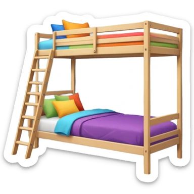 "Cozy bunk bed in a bright bedroom, wooden frame, colorful bedding, small ladder, soft natural light, realistic and detailed." sticker