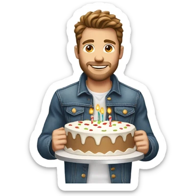White man brown hair jeans jacket with birthday cake sticker
