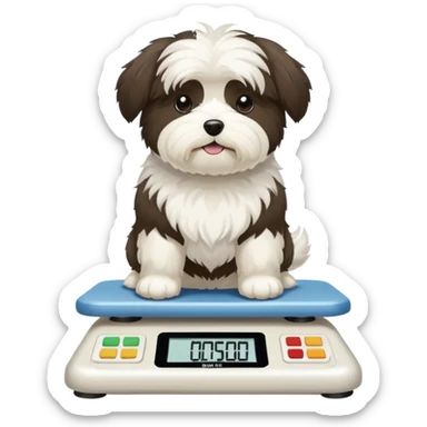 White havanese dog stepping on a scale that reads “:( fat :(“ sticker