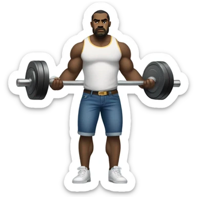 A muscular Cane Corso in blue jeans and gold tee shirt standing upright lifting barbells. sticker
